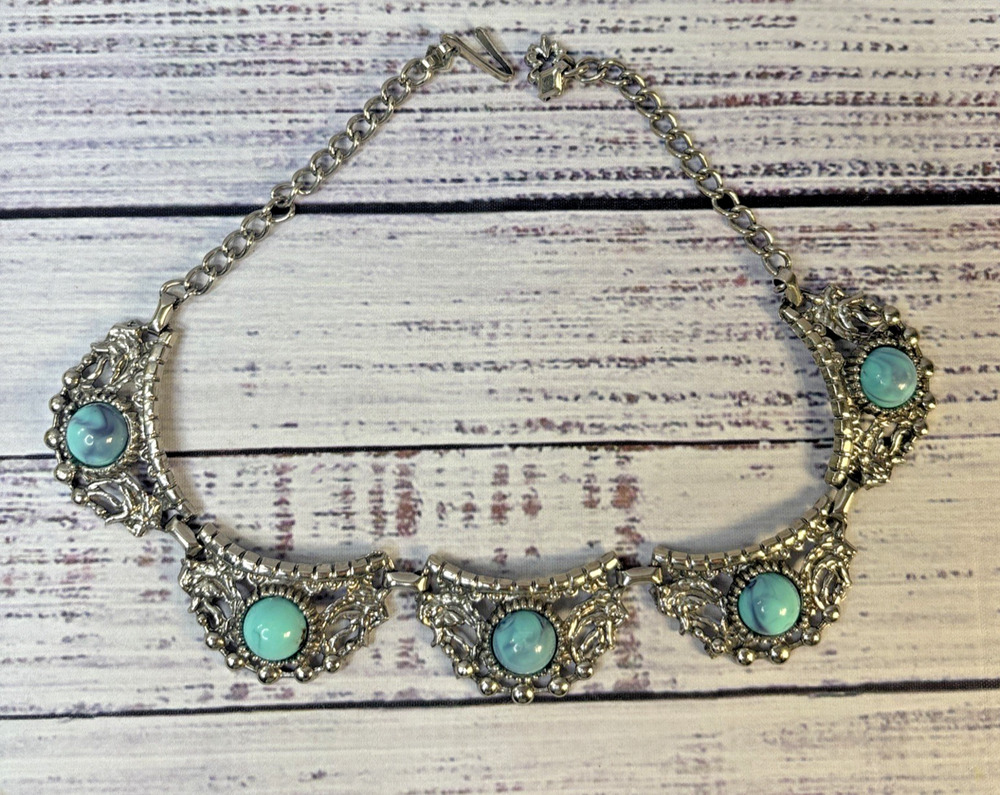 Vintage Silver Tone Ornate Faux Turquoise Filigree Panel Collar Necklace